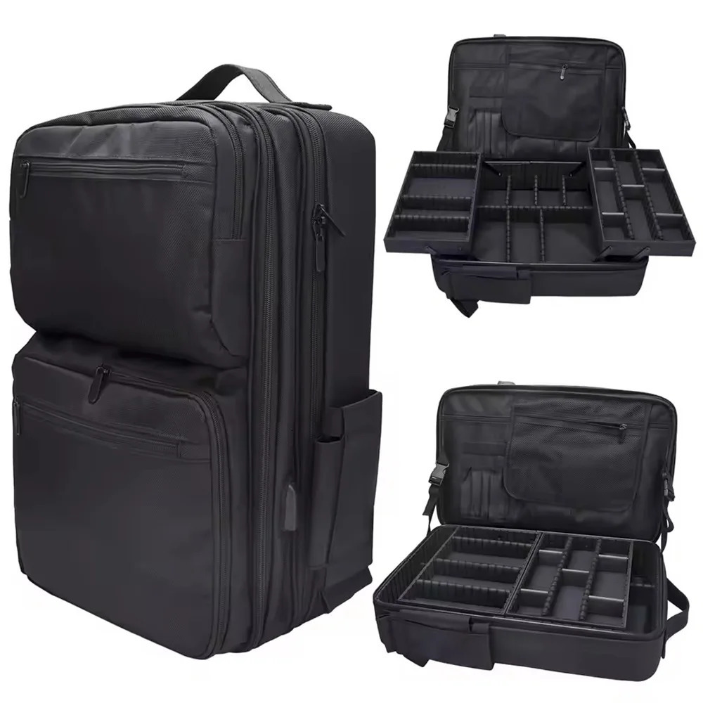 Makeup Travel Backpack with Sliding Large Cosmetic Storage Organizer Bag Trays Adjustable Dividers Partition Barber Tools Bag 251011