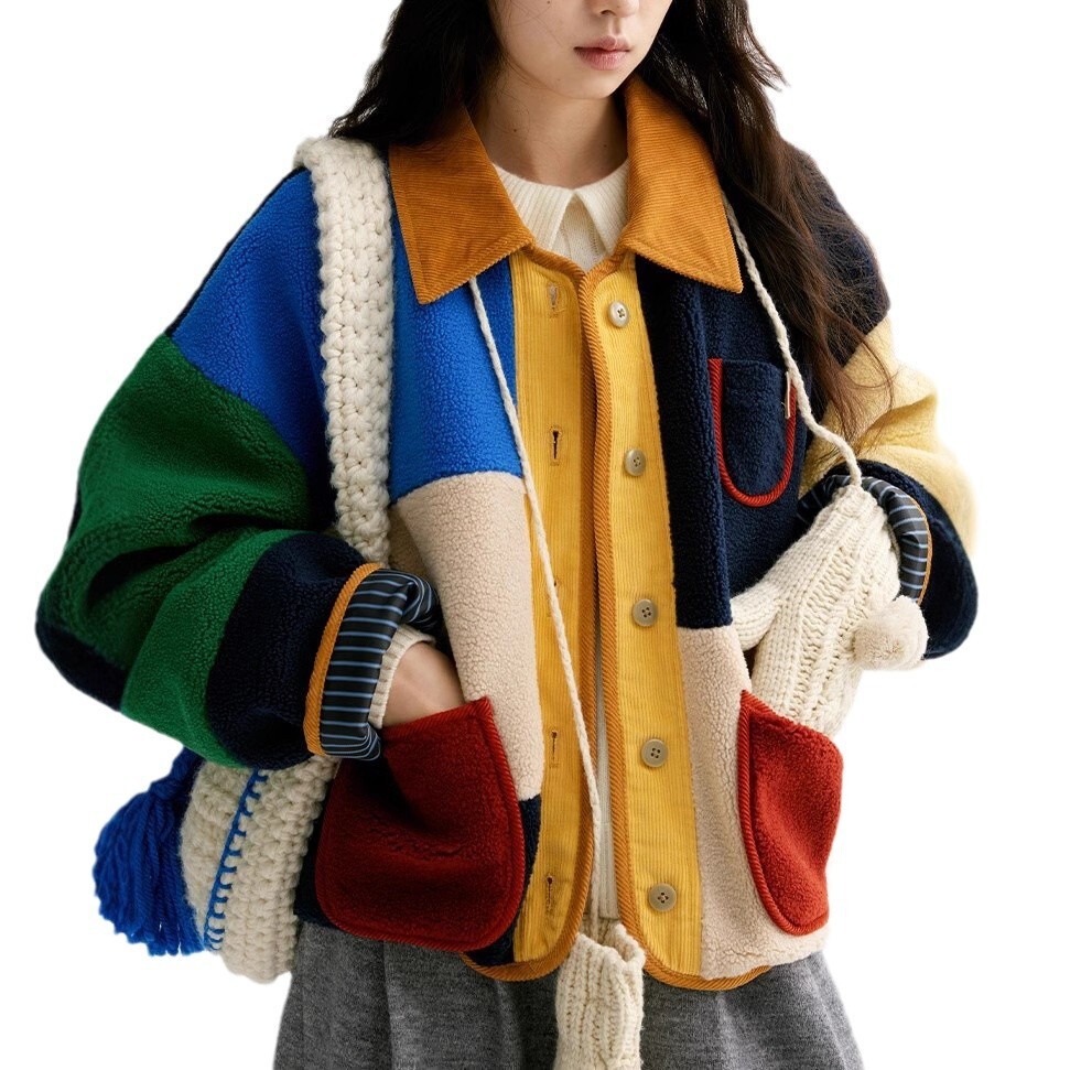 2025 Autumn/Winter New Top Designer Jacket design White Painting Workshop Color Matisse Retro Color Block Luxury Multi Color Loose Lamb Wool Short Coa