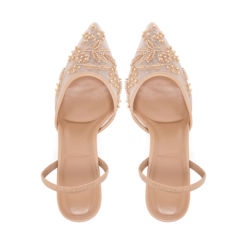 Women's Fashion Apricot Pointed Toe Stiletto Heel Mules - Mesh & Artificial Leather Beaded Embellished High Heel Shoes-8326