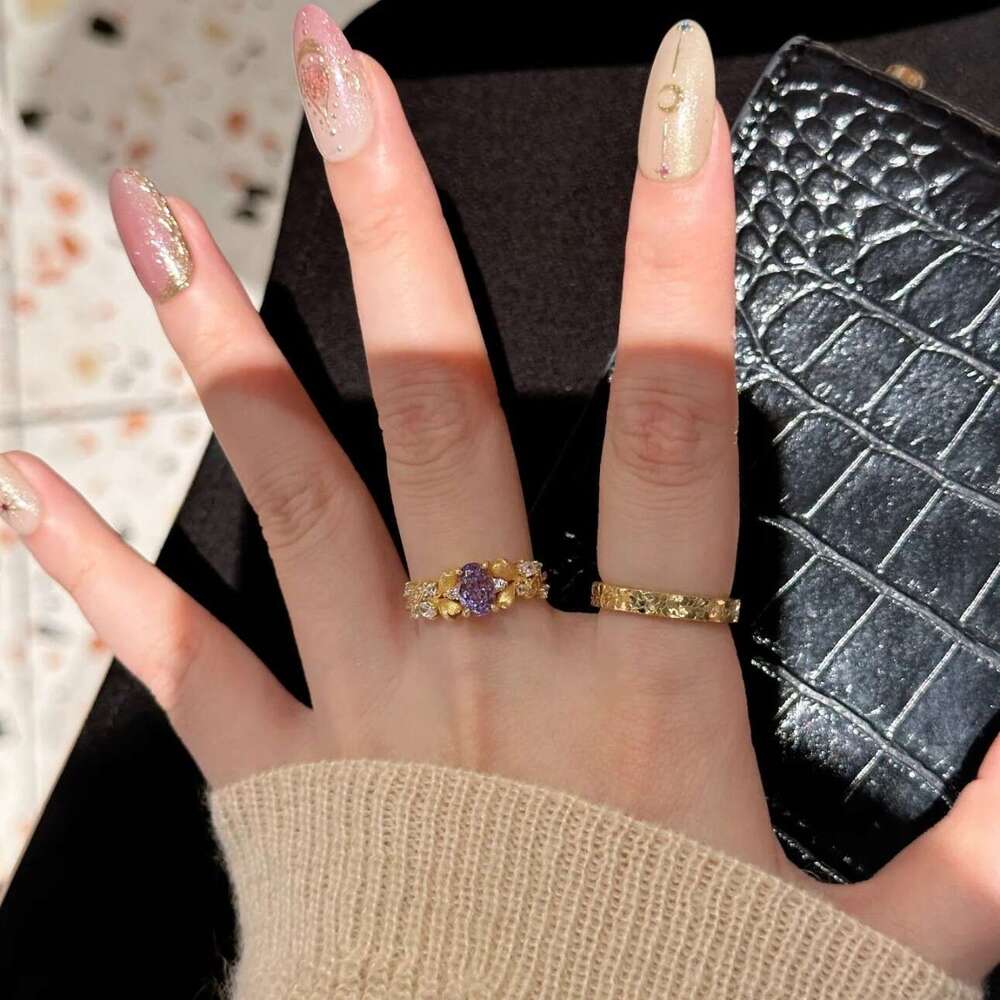 French Style Nine Purple Fire Wattle Flower Vintage Light Luxury Niche Fashion Versatile Handmade Brushed Ring ddmypluto