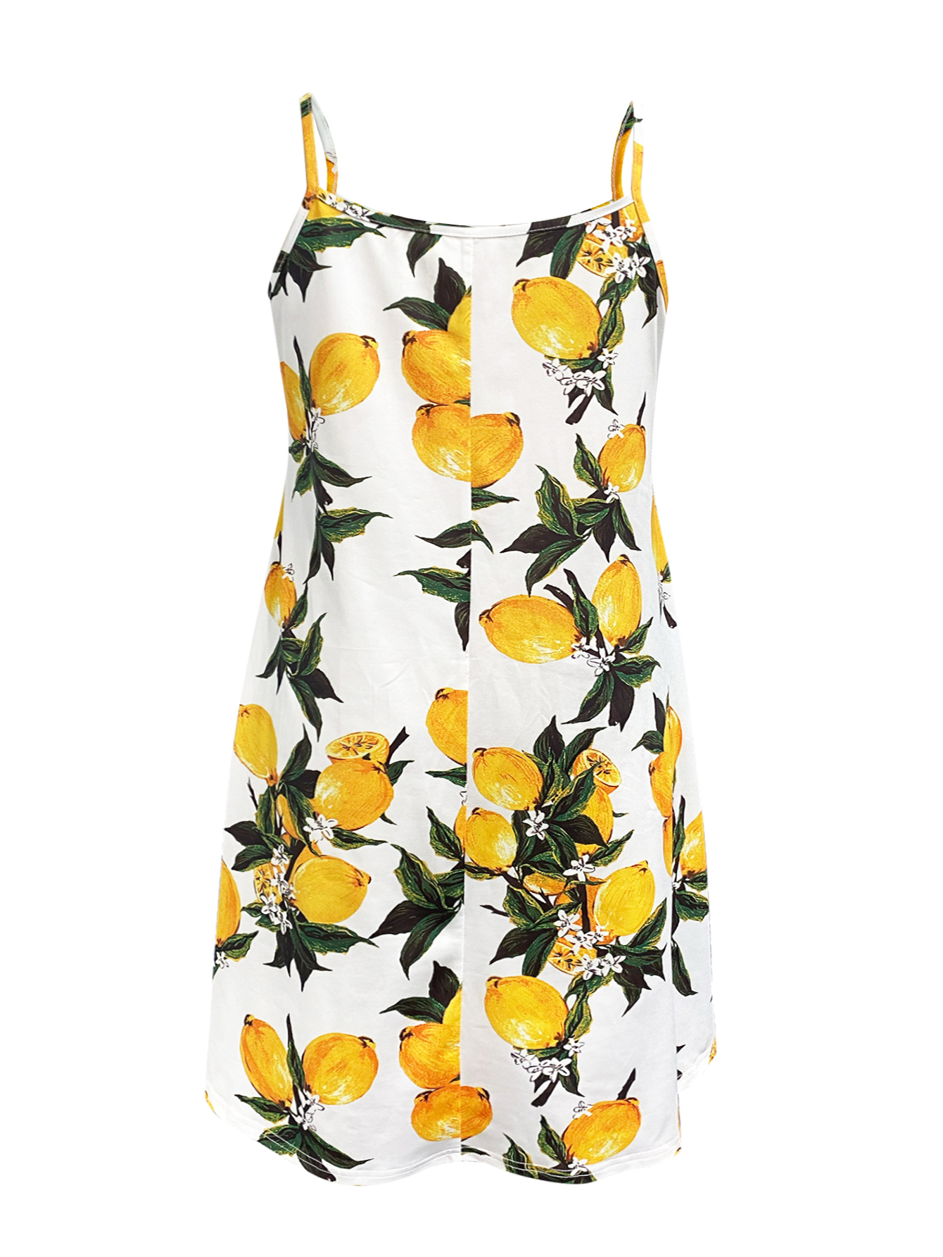 Women's Plus Size Spring Summer New Vacation Lemon Printed Spaghetti Strap Milk Silk Casual Dress - Yellow-YL25208