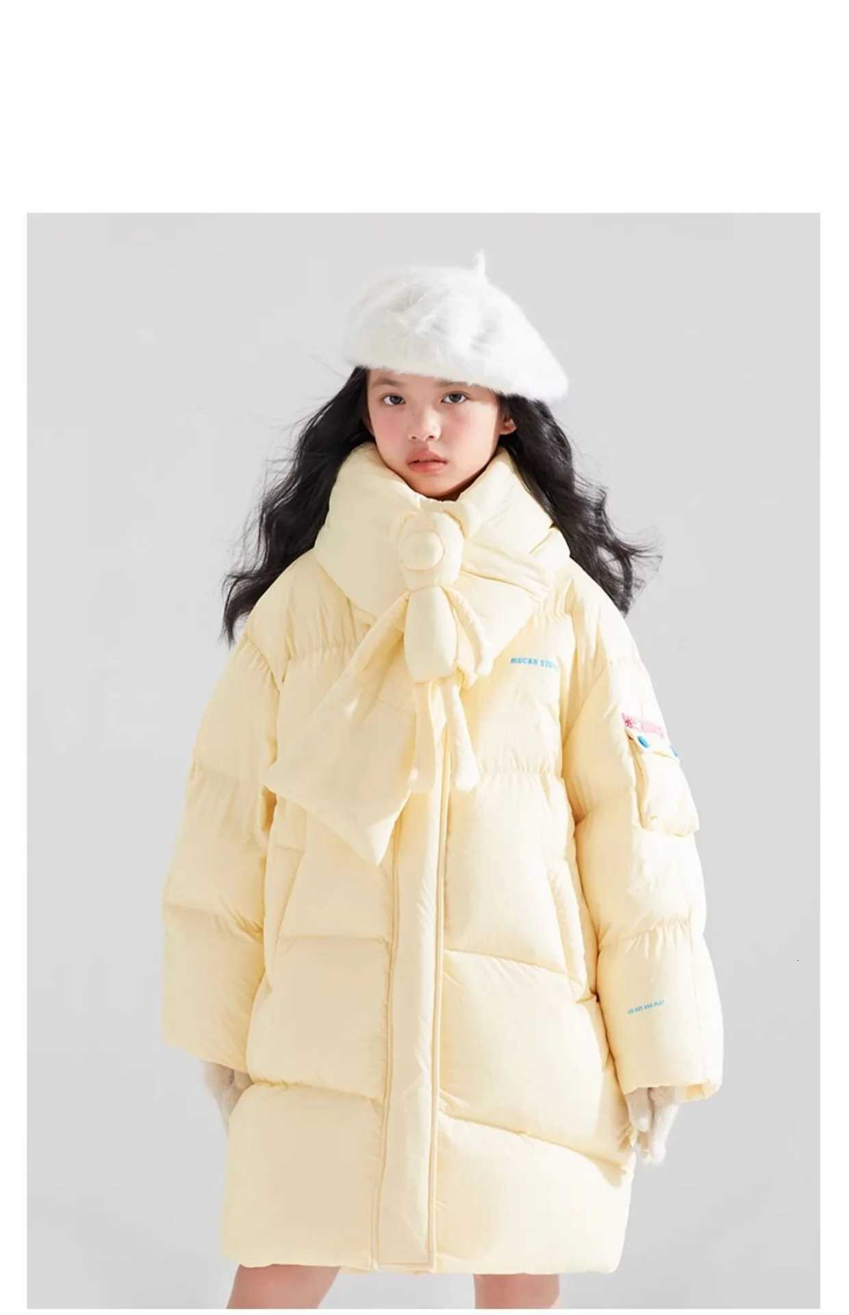2025 New Girls Mid To Long Down Cotton Jacket Thickened Warm Cotton Jacket Scarf Cotton Jacket Kids WinterT251016