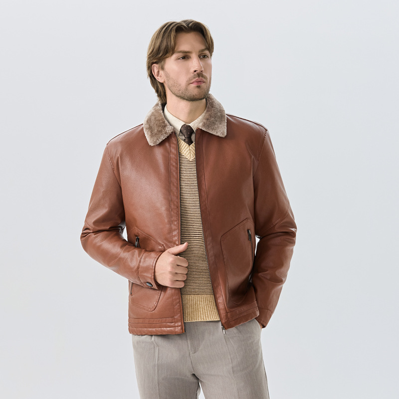 Designer Men's PU Leather Jacket Business Casual Coat Men's Motorcycle Plush Leather Jacket Korean Casual Trendy Workwear Jacket