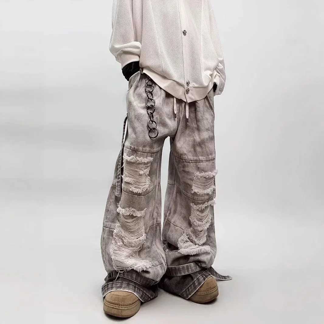 Street Style Tie Dye Ripped Denim Jeans Loose Wide Leg Workwear Trousers for Men Summer 2025 American Retro Casual Jeans J251016