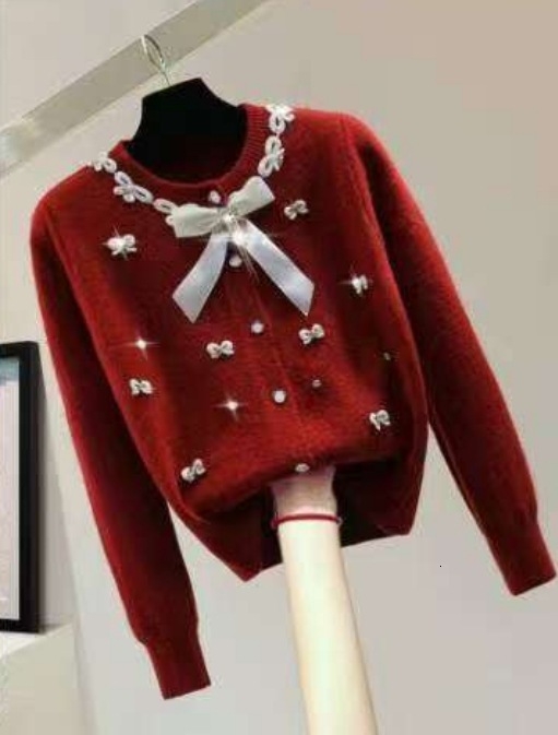 2025 Autumn/Winter design Women's New Top French Thick Bead Bow Knitted Open Knitted Woolen Sweater Soft Designer Jacket Autumn/Winter Versatile 