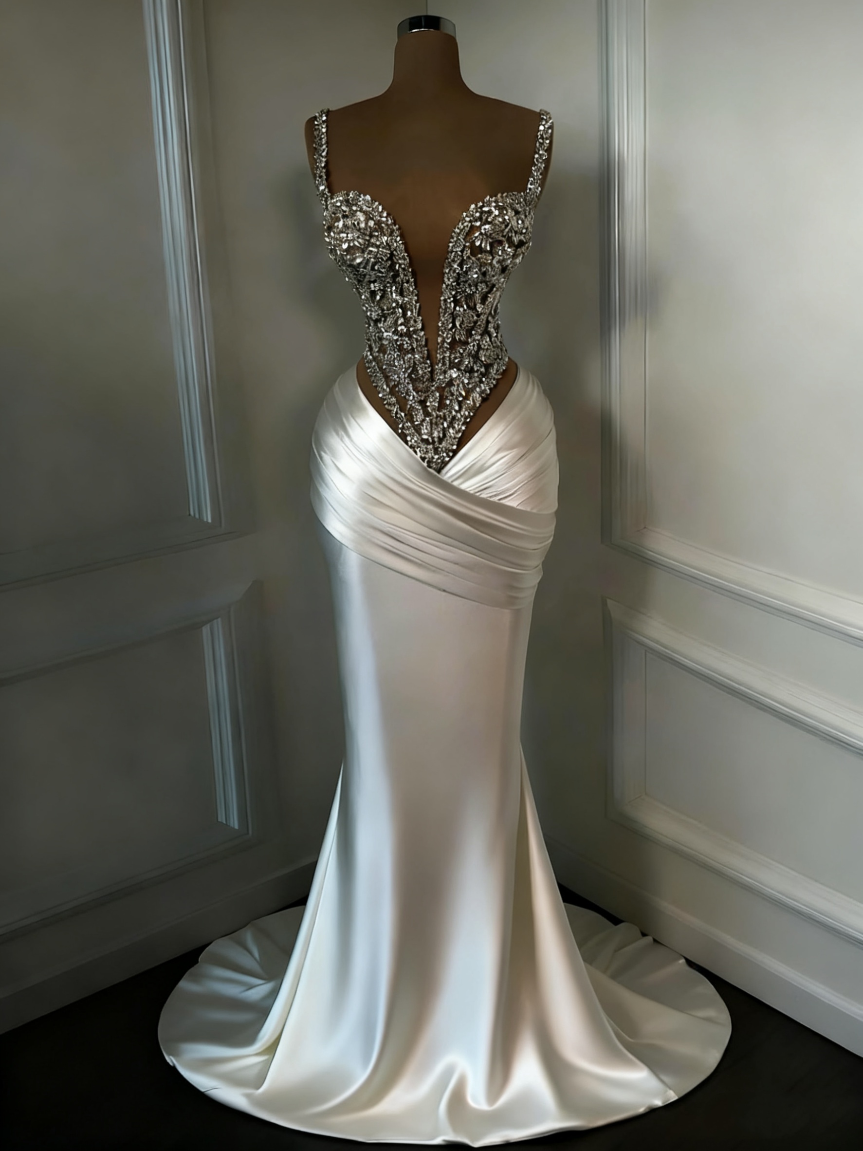 Elegant Spaghetti Straps Evening Dresses Sleeveless Crystal Beaded Mermaid Prom Dress Customized Floor Length Party Gown