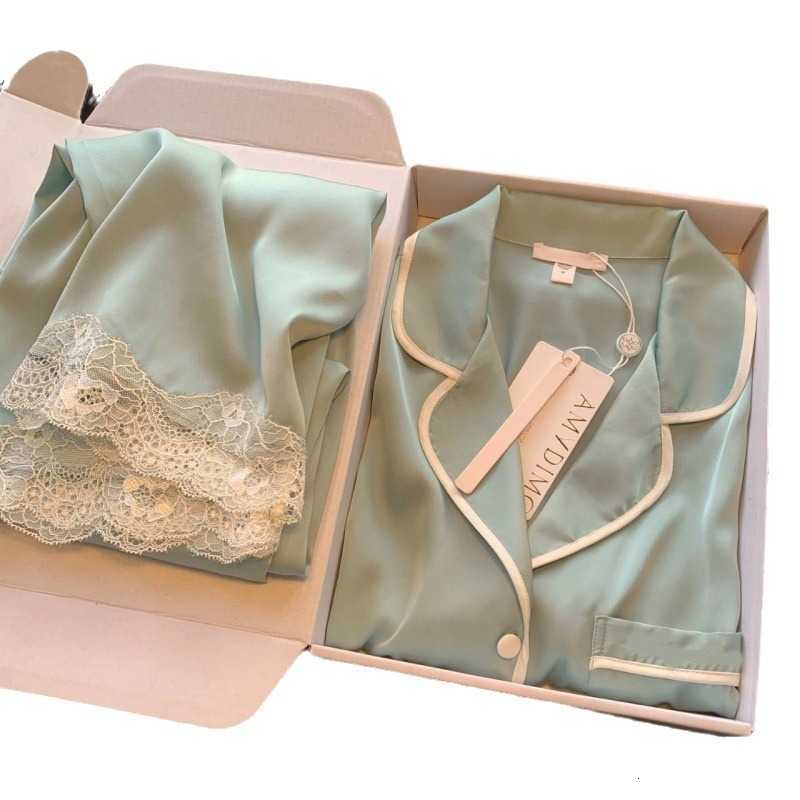 Fashionable home wear 2025 Womens Pajamas Autumn Long Sleeve Ice Silk Korean Pajamas Korean Version Light Luxury Lace Imitation Silk Thin Homewear Set