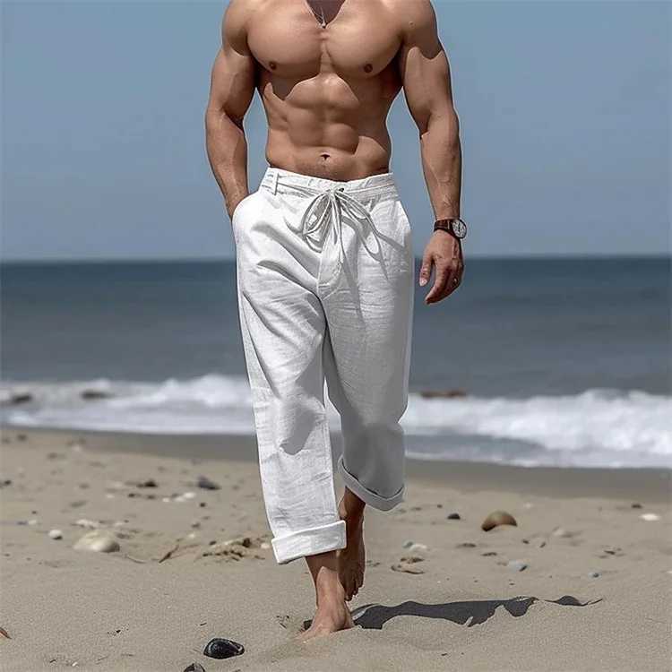 Mens Drawstring Beach Front Pocket Straight Pants Solid Color Comfortable Breathable Casual Daily Vacation Trousers J251016