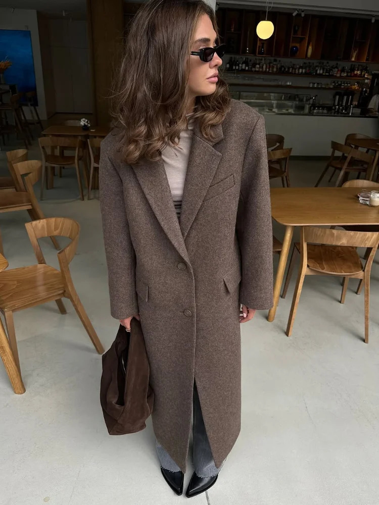 Fashion Shoulder Pad Solid Wool Overcoat Women Elegant Lapel Singlebreasted Long Sleeve Coat 2025 Autumn Lady Outwear 251028