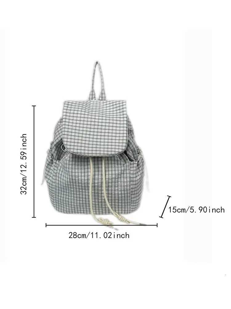 Korean Plaid Drawstring Large Capaci Student Commuter Versatile Nylon Bookbag Lightweight Casual Summer Buet BagT251016