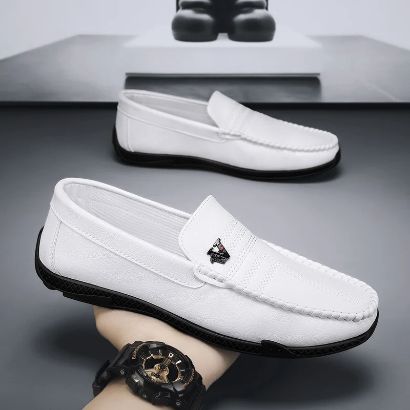 White Black Leather Men Casual Shoes Formal Dress Shoes Men Loafers Breathable Slip on Driving Shoes 251013