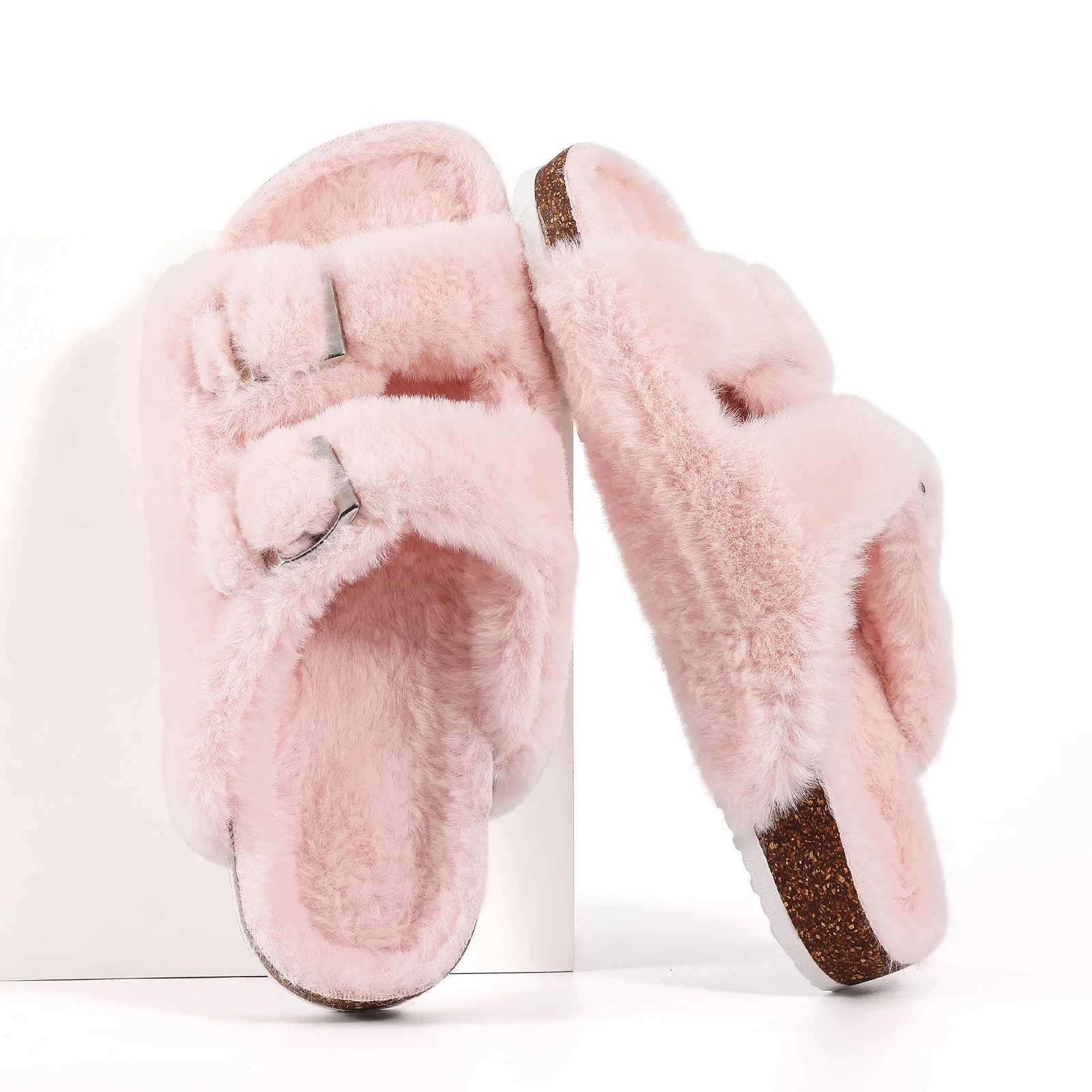 Evshine Fur Fluffy Cork Slippers For Women Comfy Arch Support Fuzzy Slippers Open Toe Plush House Slides With Adjustable BuckleXJ251016