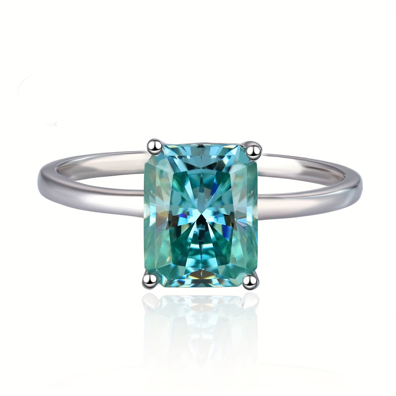MT 3CT 7x9mm Millimeter Radiant Cut Blue Green and White Moissanite 925 Sterling Silver Ring White Gold Plated Engagement Playing Card Ring High Quali