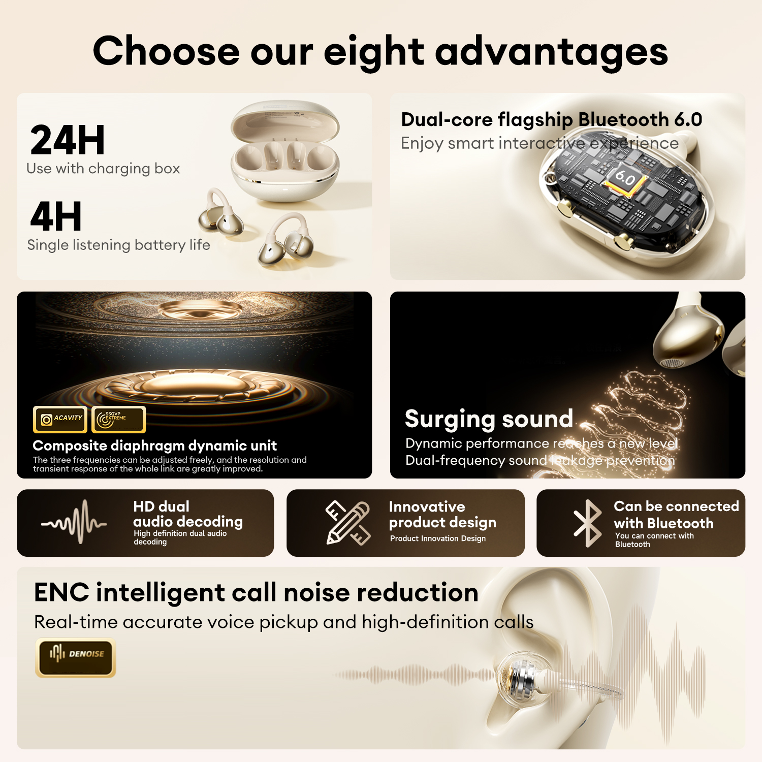 LenovoService Bow-knot design Earring-style Headphones with Mic Wireless clip-on Earbuds Bluetooth 6.0 For Android and Phone RS106 Music Earphones