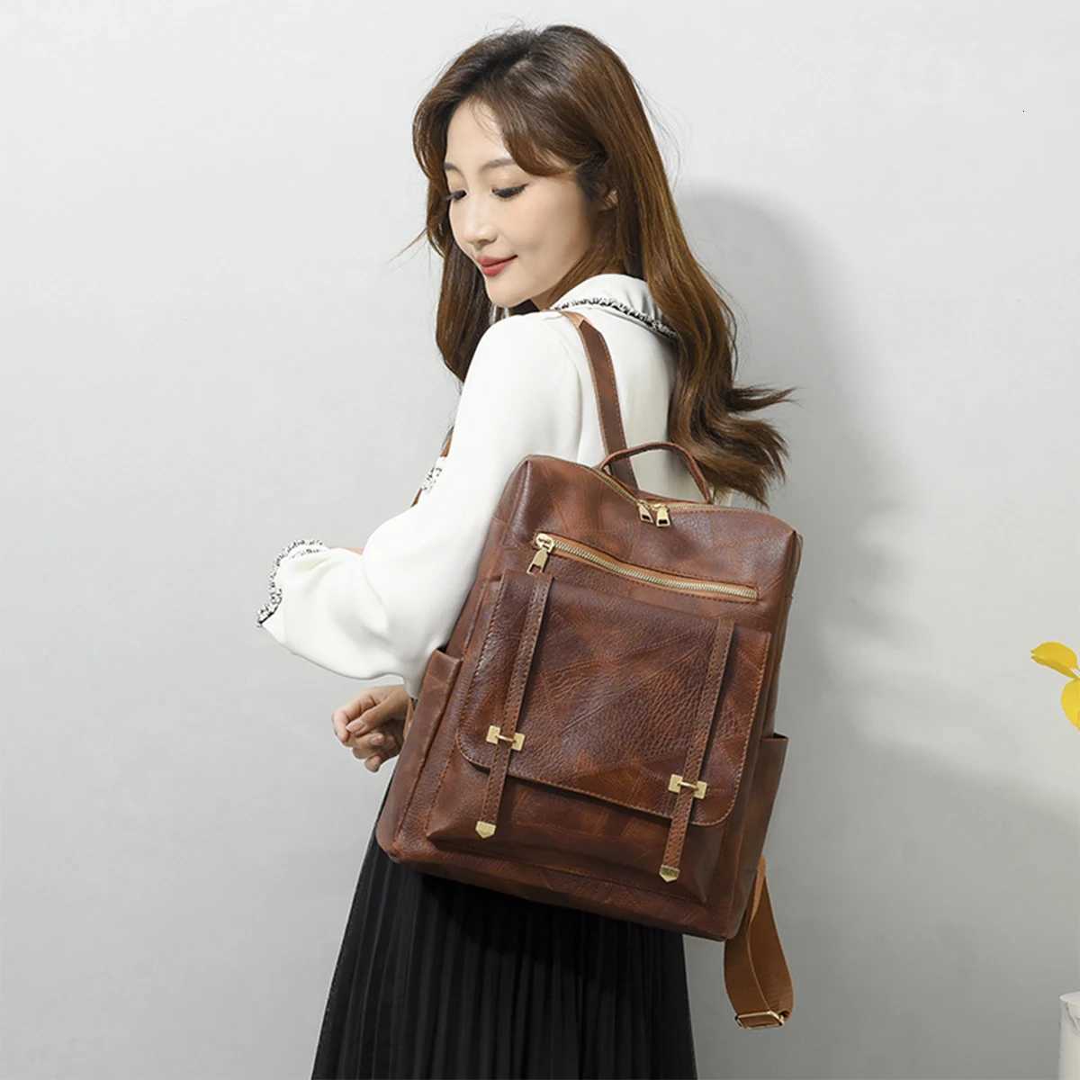 Backpack Trendy Korean Edition Fashion Solid Color Womens Backpack Casual PU Soft Leather Anti Splash Travel BagLJXT251016