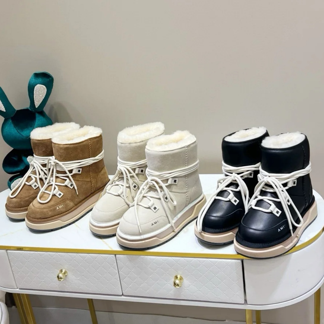 Luxury amishoes Snow boot Designer Fur boot Suede leather Women Casual Ankle Plush Mini booties Winter Fashion Boots Furry boot Black Brown Sport outdoor travel shoe