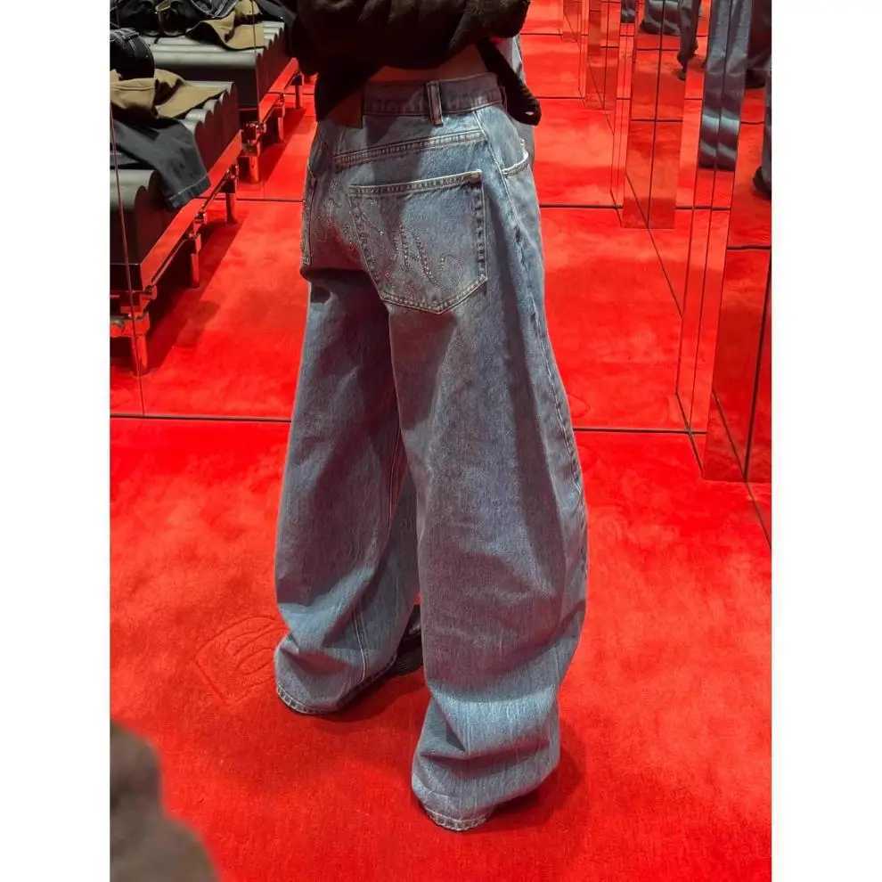 Women Jeans Spliced Straight Pants Jean Denim Washed Full Length Pants Loose Pockets High Waist Zipper Fly Distressed Basics W251015