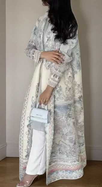 Womens Fold Miyake Pleated Abaya Long Sleeve Print Foldable Collar Robe Cardigan Coat New Winter Fashion Design 2024 X251016