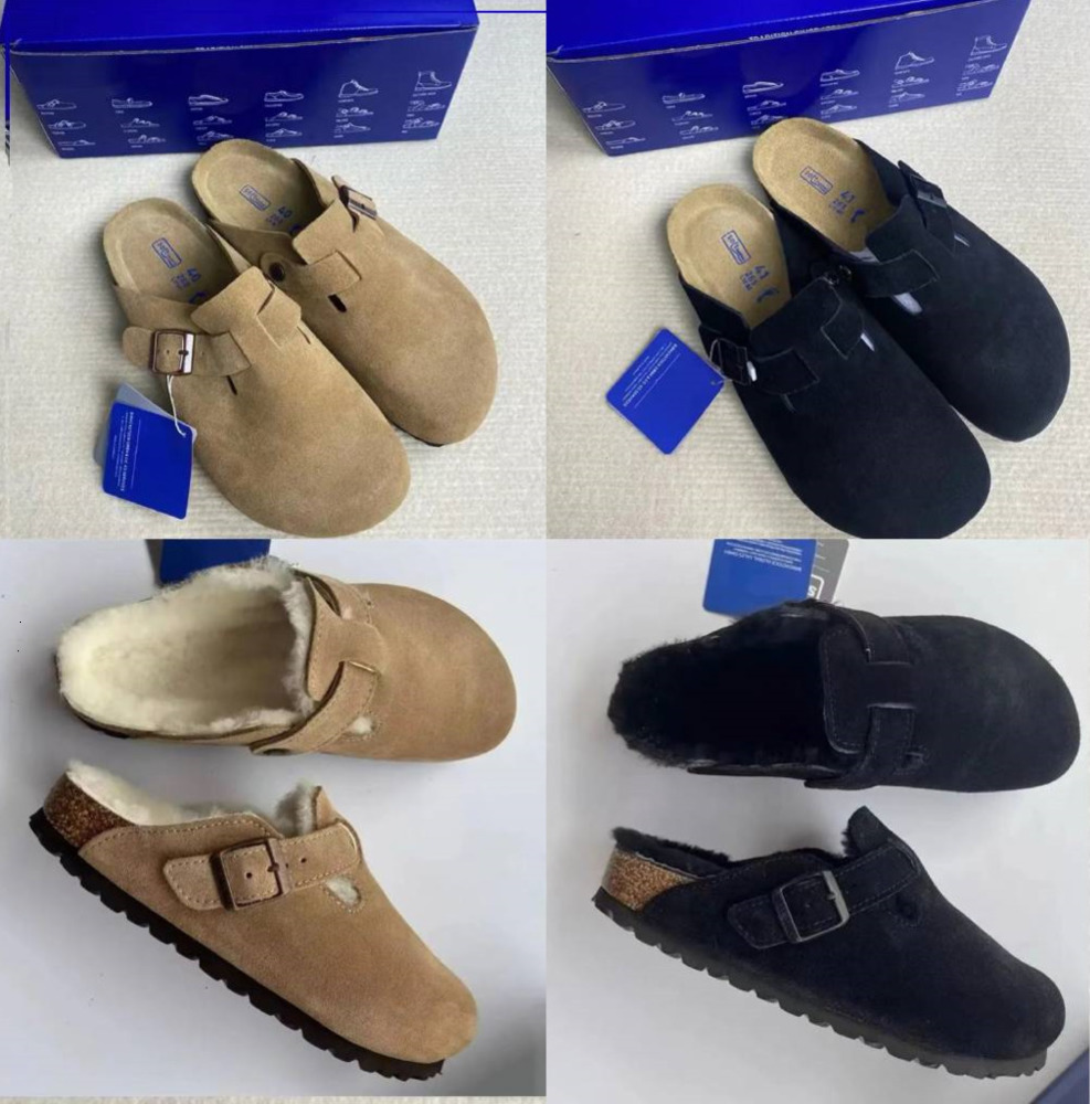 Boston clogs big size eur3546 Shearling slippers winter slides soft footed platform german Slipper Fur Suede Leather Slippers nubuck wood cork bostonClogs fjQX