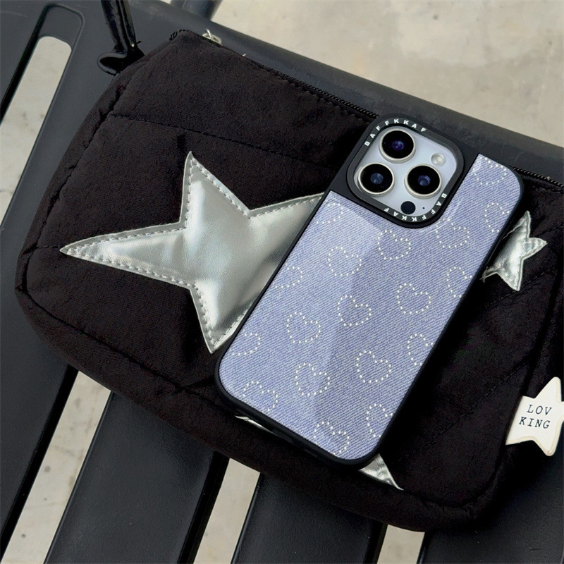 Trendy Black Frame Denim Silver Heart iPhone 17/16 Compatible iPhone15/14/13 Pro Max Phone Case Cover