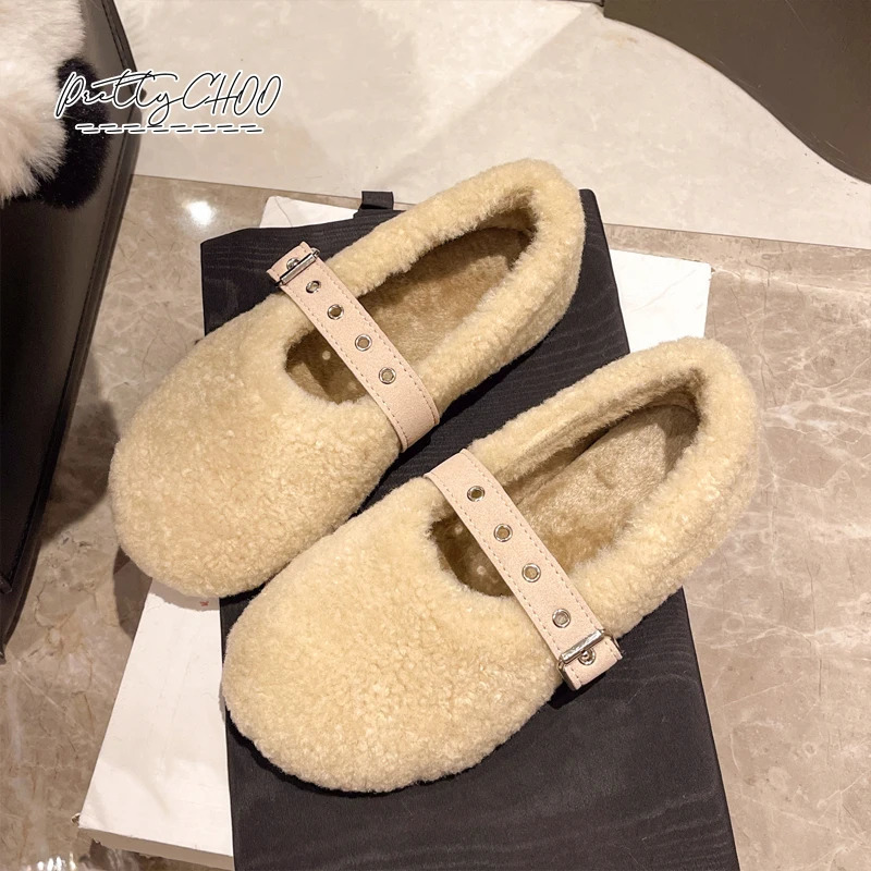 Deep Red Round Toe Lambswool Ballet Flats Woman Warm Plush Belt Buckle Mary Jane Shoes Ladies Fluffy Shallow Loafer 251013