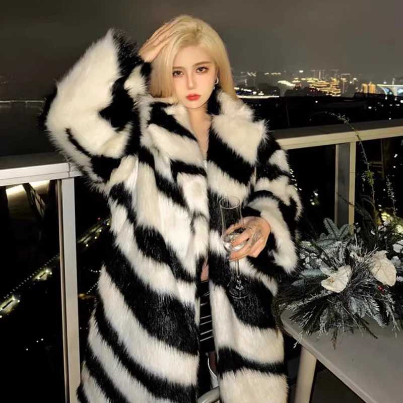 Ladies Spice sexy zebra fur coat fox fur midlength coat temperament winter thick W251016