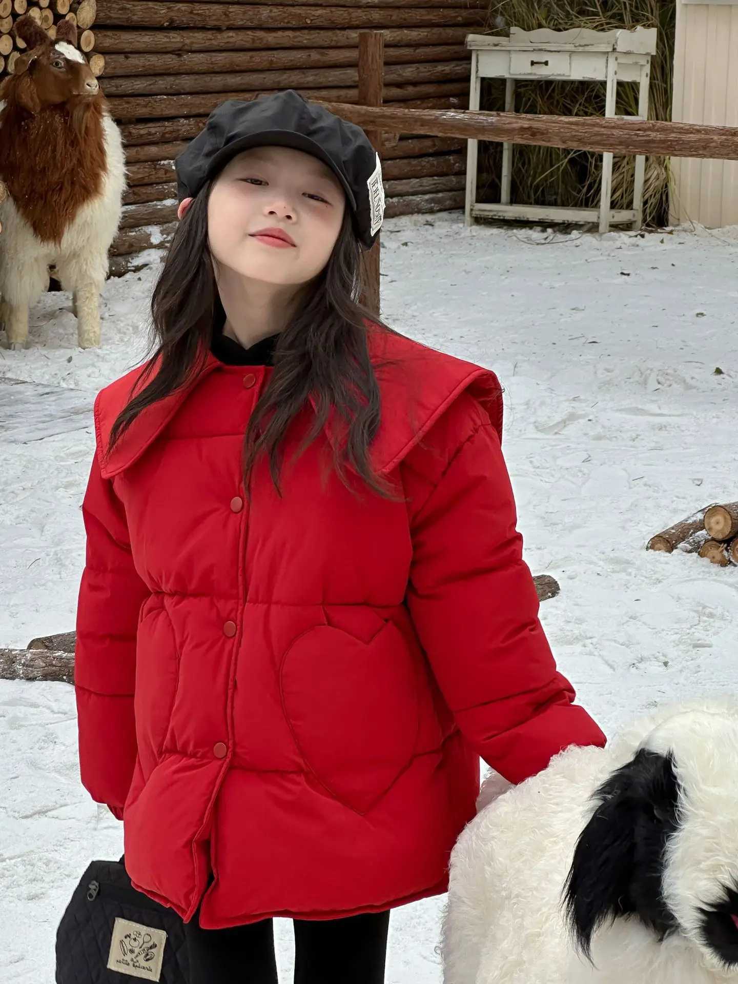 Girls Coat 2024 Winter New Childrens Clothing Girl Baby Foreign Red Love Pocket Cottonpadded Jacket Casual Simple and LovelyT251016