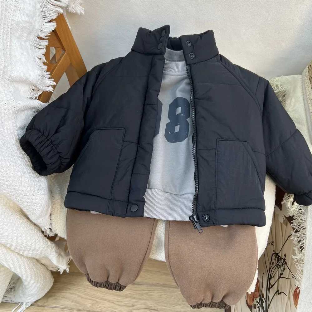 Kids Winter Fleecelined Coats 2025 New Boys Girls Korean Fashion Casual Daily Solid Color Stand Collar Thicken Padded ParkasT251016