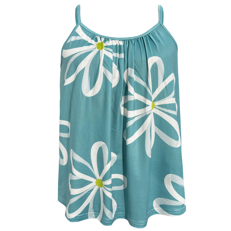 Women's Plus Size Summer Vacation Beach Floral Printed Spaghetti Strap Milk Silk Casual Top - Peacock Blue-YL25236