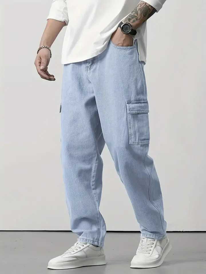 Mens Light Blue StraightLeg Casual Jeans Streetwear Style Regular Fit Denim Pants NonStretch AllSeason Comfort Hand Wash J251016