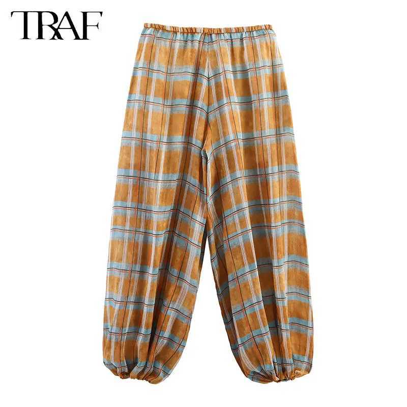 2025 Womens Pants Check Balloon Trousers for Woman MidRise Elasticated Drstring Waistband Loose Comfort Casual Pants W251015