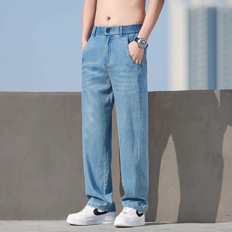 Mens Lyocell Loose Straight Wide Leg Denim Jeans 2025 Summer Autumn Thin Breathable Stretch Waist Casual Pants Plus Size 38 J251016