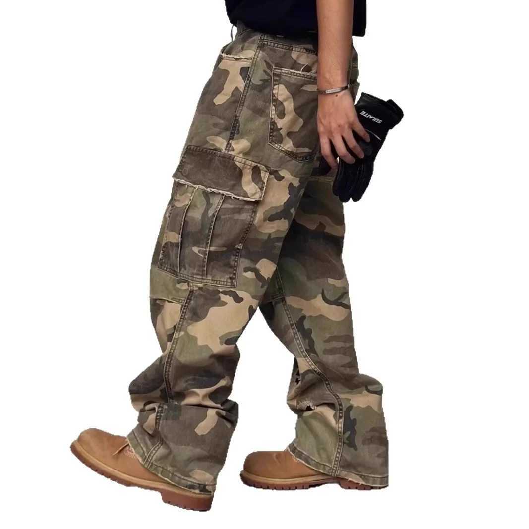 Washed American Street Camouflage Workwear Jeans High Street Style Casual Straight Leg Torn Trendy Long Pants for Men J251016