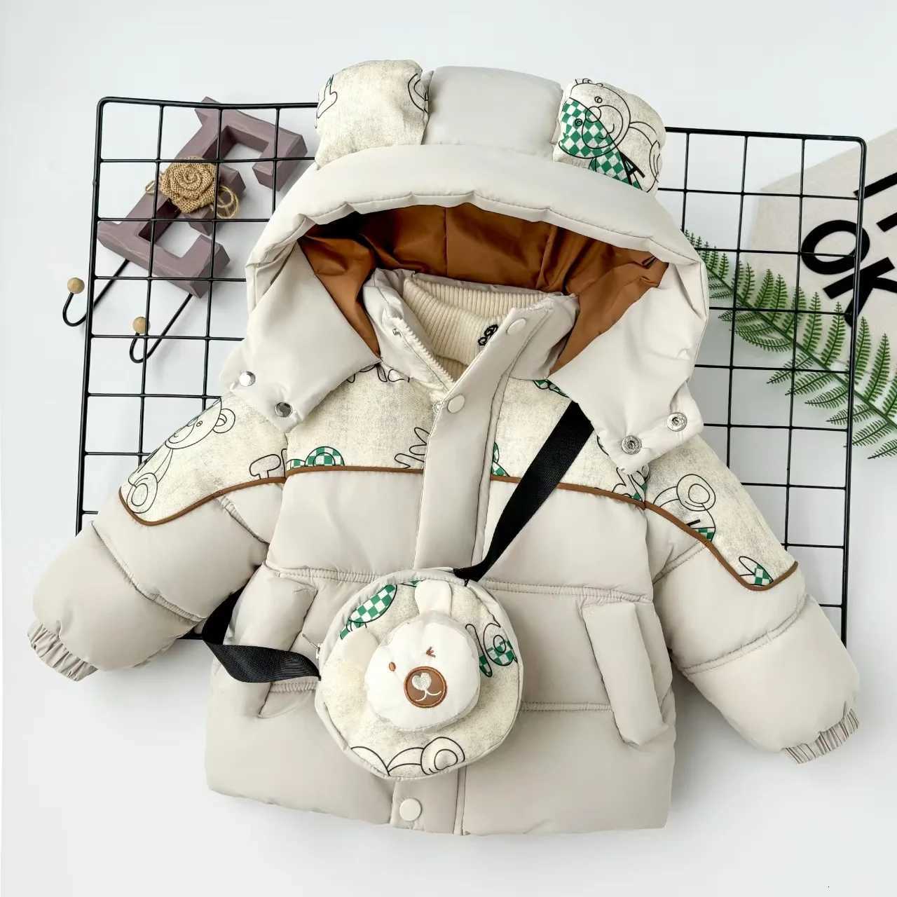 2025 Winter Children Cotton Jacket Baby Boy Girl Cute Bear Color Blocking Thicken Padded Warm Hooded Parka With Bag Kids ClothesT251016
