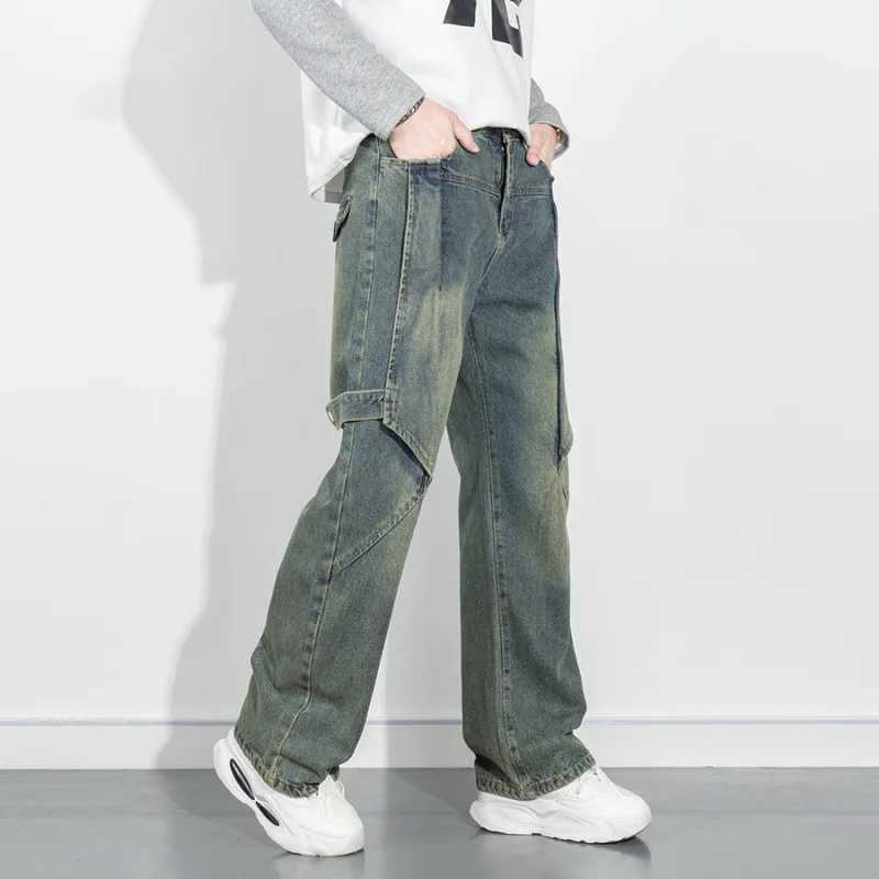 High street retro vintage jeans mens loose straight leg wide leg street fashion Japanese trendy pants J2510161