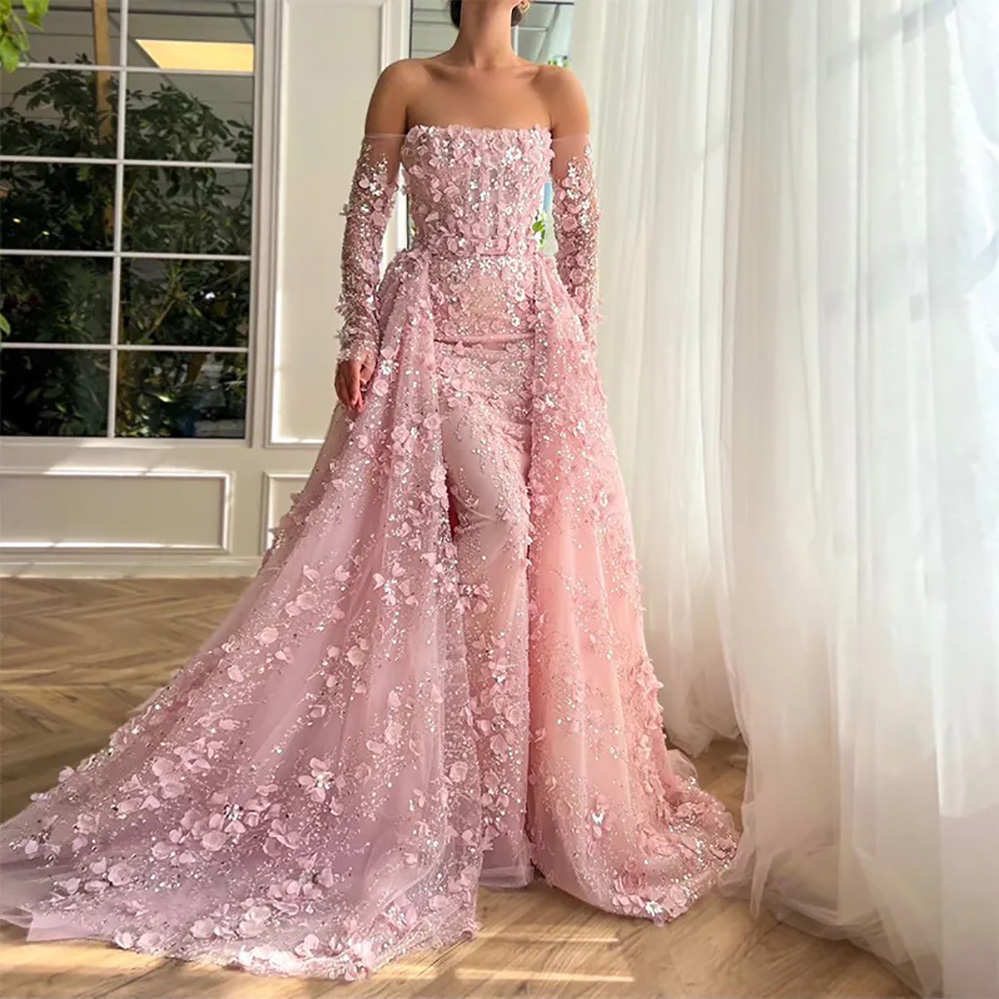 Prom Gown Evening Dresses Mermaid Trumpet Graduation Formal Girls Pageant Long Sleeve Bateau Lavender Light Blue Pink 3D Floral Appliques Sequins Lace