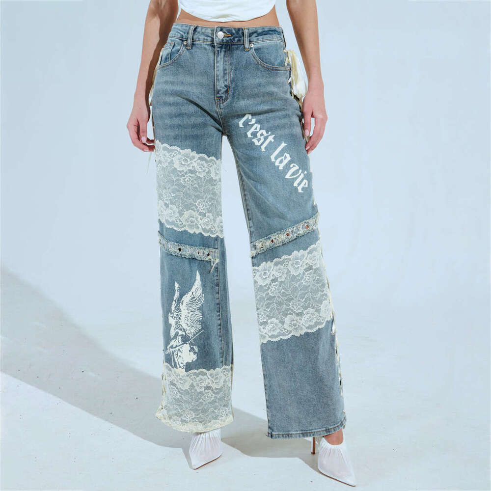 American High Street Hot Girl Low Waist Jeans Lace Stitching Design Sense Trendy Personality Straight Long Pants Women Spring B5