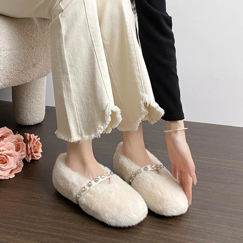 Soft Mink Fur Flats Women Diamonds Belt Mary Janes Winter Fluffy Shoes Ladies Warm Cotton Loafers Slip On Furry Mocasines Mujer 251013