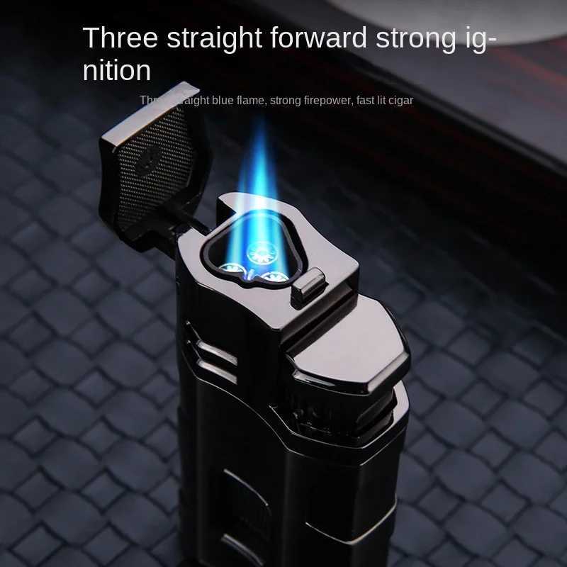 HONEST Metal Multifunctional Outdoor Windproof Butane Gas Lighter Turbo 3 Torch Blue Flame Straight Cigar Lighter Mens Gift C251016