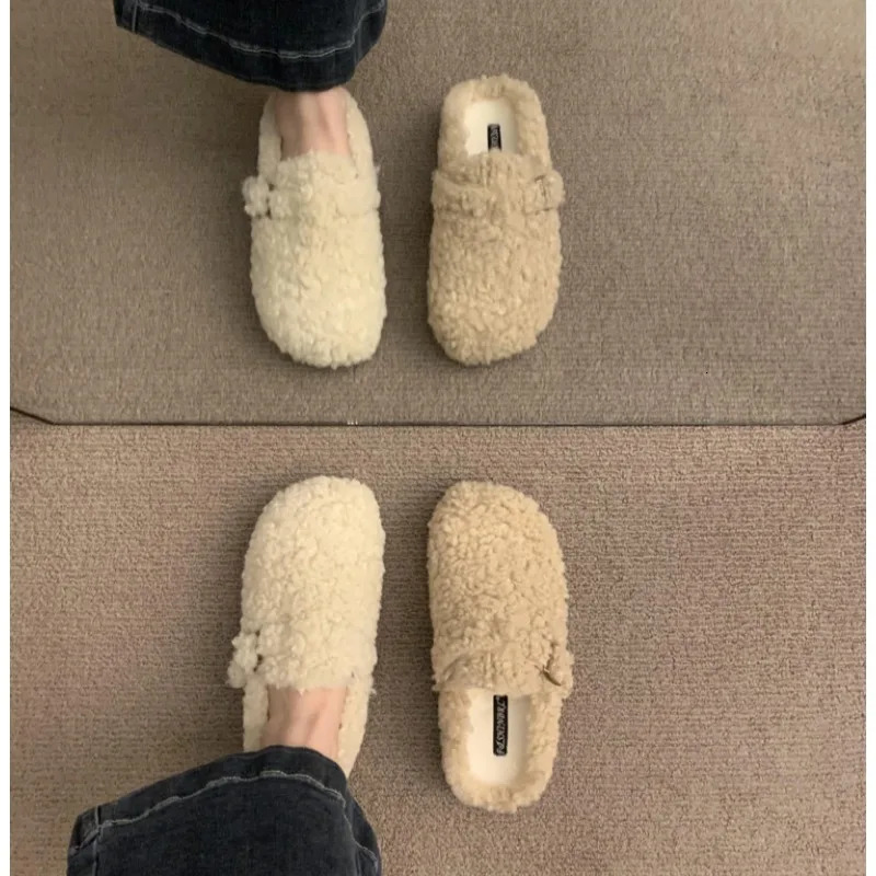 Lambwool Moccasins Femme Winter Cotton Shoes Women Warm Plush Loafers Comfy Curly Sheep Fur Flats Slippers Mules Shoes 251013