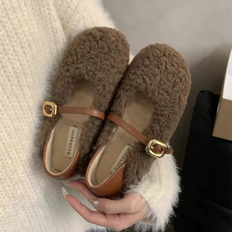 Style Fashion Women Ballet Laofer Flat Shoes Fashion Shallow Slip On Ladies Fur Mary Jane Shoes Soft Outdoor Granny Shoes 251013