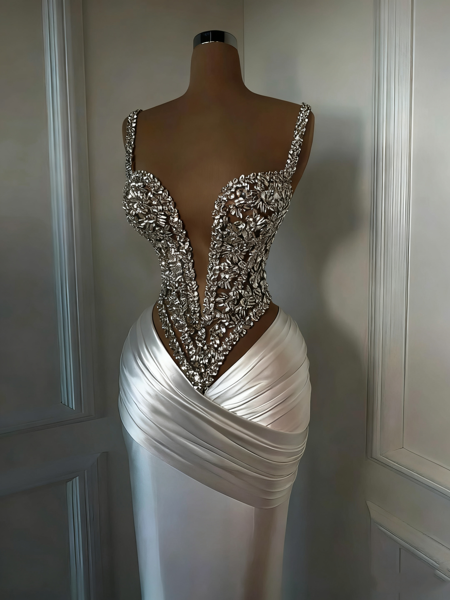 Elegant Spaghetti Straps Evening Dresses Sleeveless Crystal Beaded Mermaid Prom Dress Customized Floor Length Party Gown