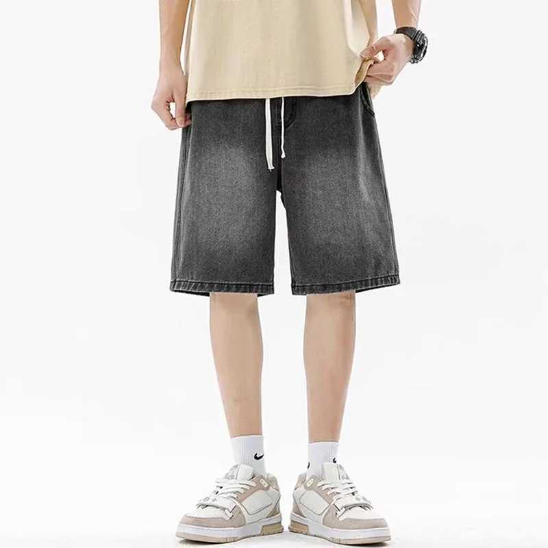 Men Casual Denim Shorts Male Comfortable Elastic Waist Straight Leg New Soft Short Pants Light Blue Loose Baggy Wide Leg Jeans J251016