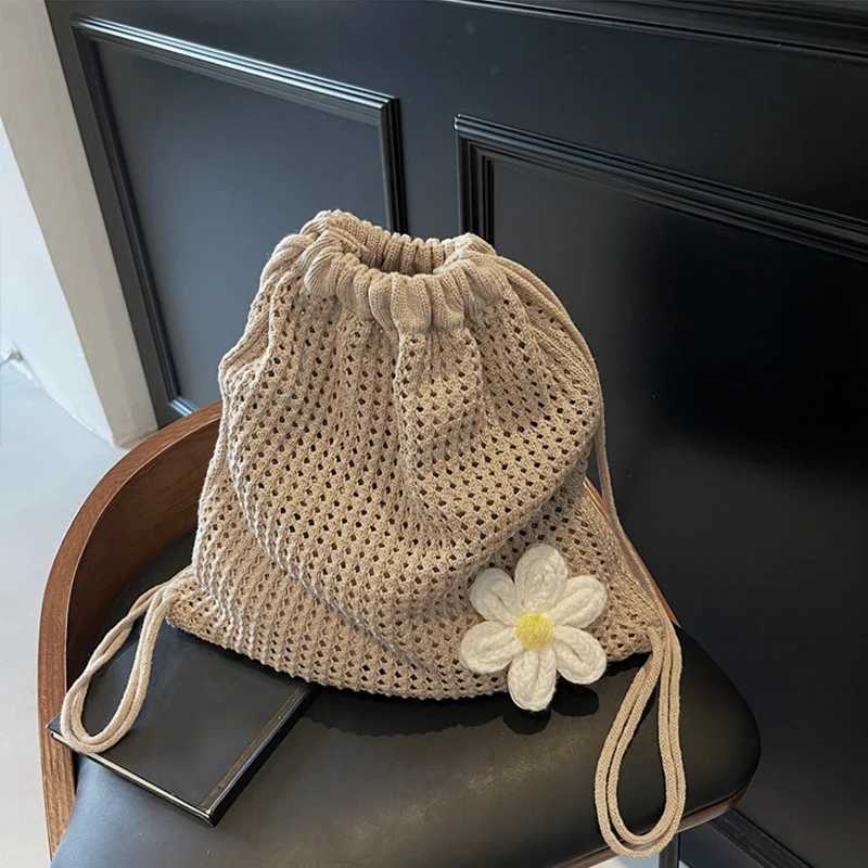 Solid Color Knitting Shoulder Bag Large Capacity Bohemian Crochet Backpack Hollow Out Versatile Beach Travel Tote Bag For WomenT251016