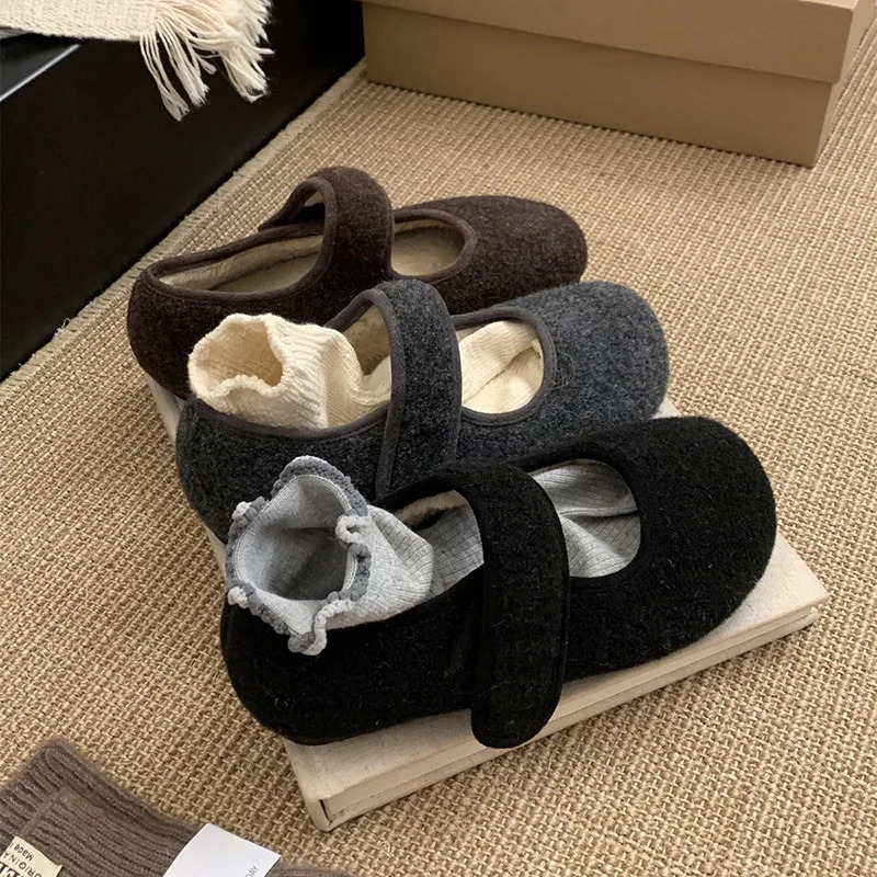 HookLoop Women Wool Mary Janes Lambs Fur Shoes Ladies Round Toe Furry Ballets Flats Female Lana Loafers Winter Cotton Mocasines 251013