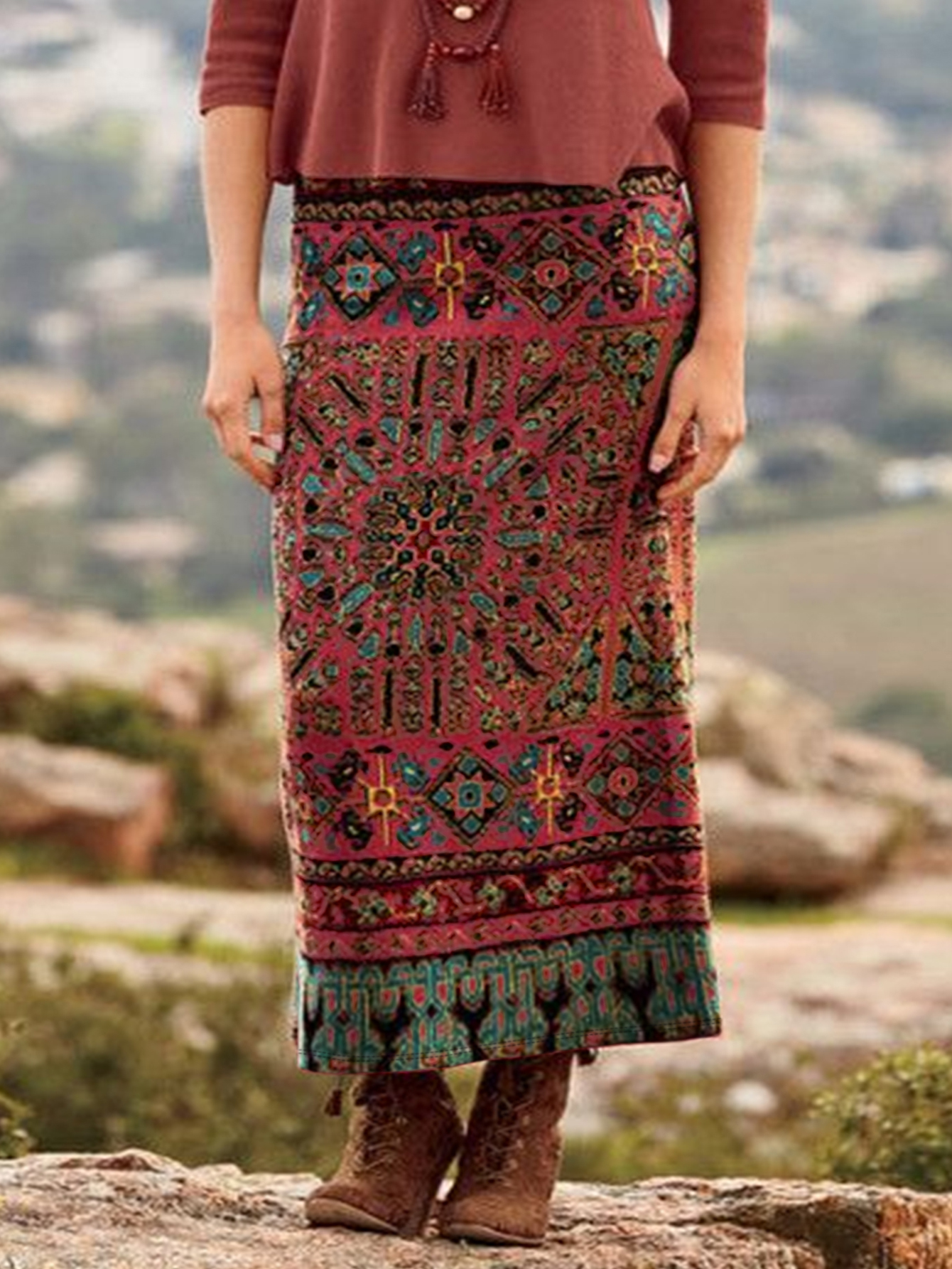 Women's Spring Summer New Ethnic Style Plus Size Midi Skirt - Brick Red Milk Silk Fashion Versatile Skirt-YL24023