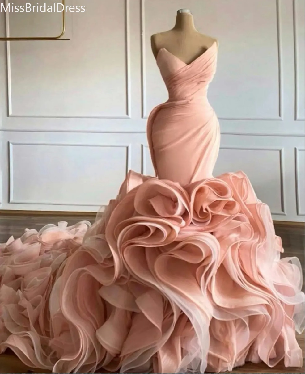 Mermaid Wedding Gowns: Elegant Pink Ruffled Wedding Dress, Sleeveless V-Neck Bridal Gown with Ruched Details, Custom Chapel Length 1013