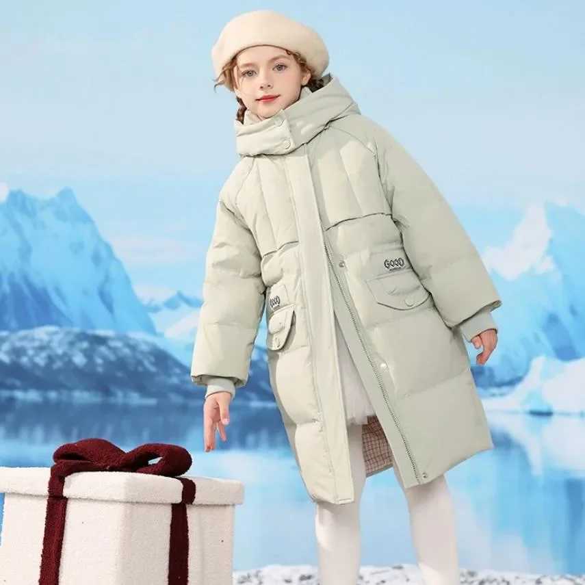 HighEnd Childrens Fashion Long Hooded Down Coat Winter New Girls Windproof Warm Loose Down Jacket A4161T251016