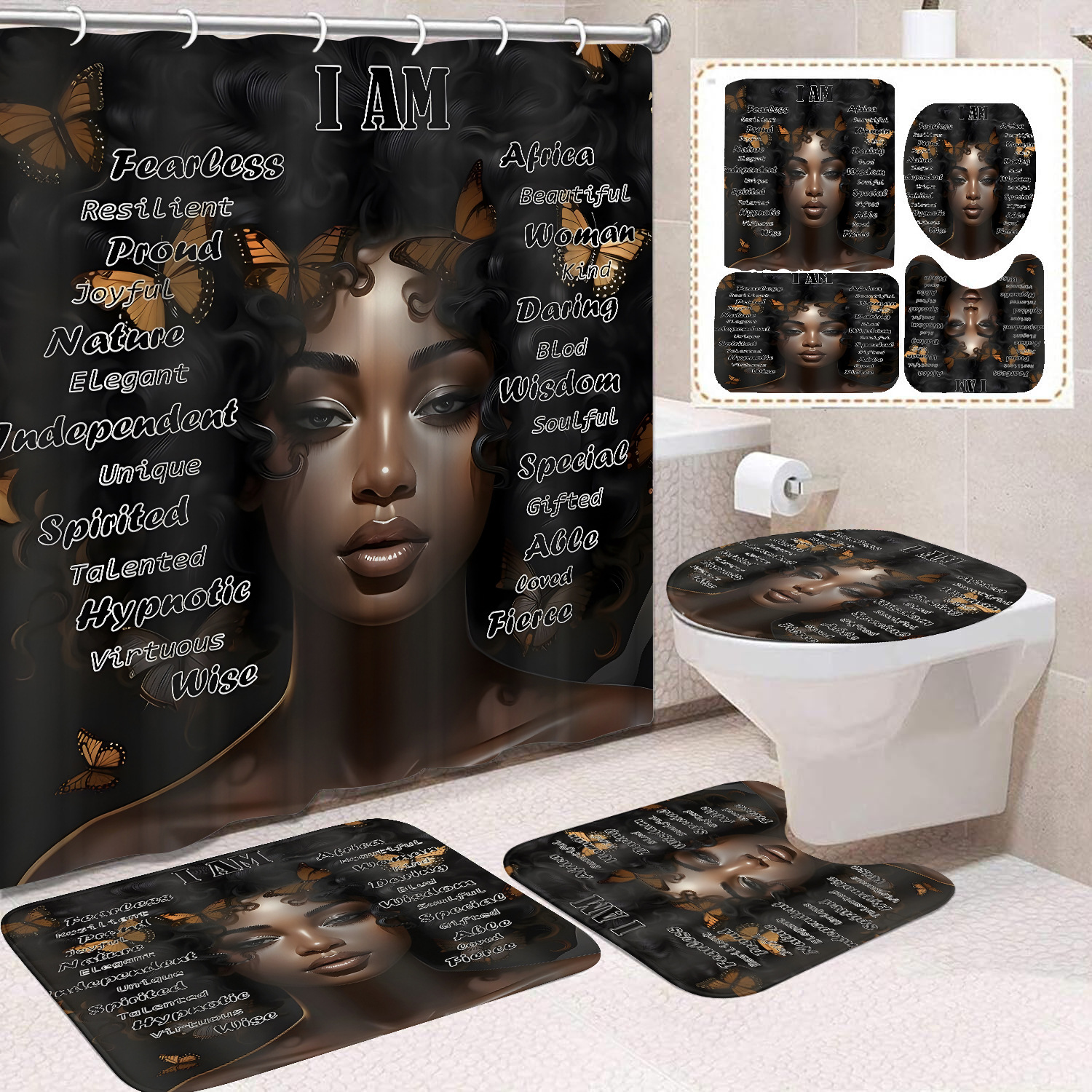 YL-37475 Shower Curtain African Girl Home Bathroom Decoration Curtain Toilet Floor Mat Toilet Non-slip Floor Mat