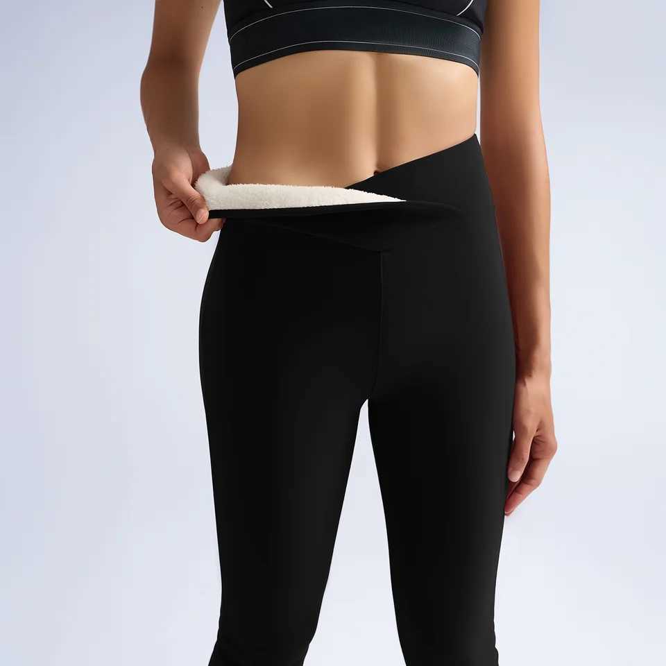 Women FallWinter VWaisted Fleece Keep Warm Tight Fitting Flared Pants Slim Leg Long Black LeggingsT251016